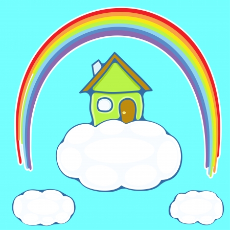 illustration of green house on a cloud under a rainbowのイラスト素材
