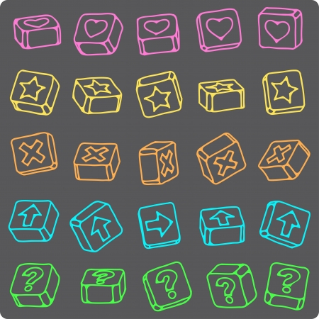 set of volume icons with symbols of hearts, crosses, arrows, stars, and a question markのイラスト素材