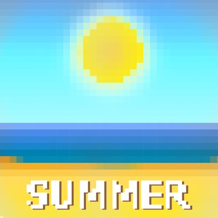 vector illustration of a summer beach in  pixel art styleのイラスト素材