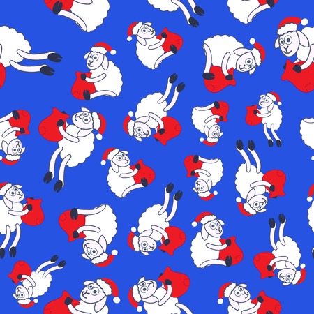 Seamless pattern- New Year's sheeps in a red cap with a bagのイラスト素材