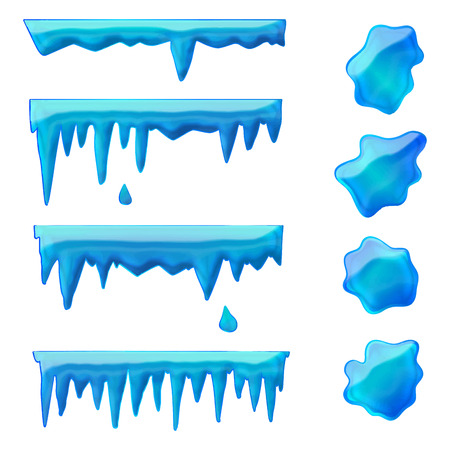 vector set of isolated blue icicles and frozen puddlesのイラスト素材