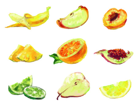 set of isolated slices of fruit - drawn by oil paintsのイラスト素材