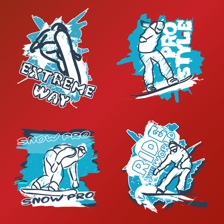bright vector print set for teenage with snowboarders and textのイラスト素材