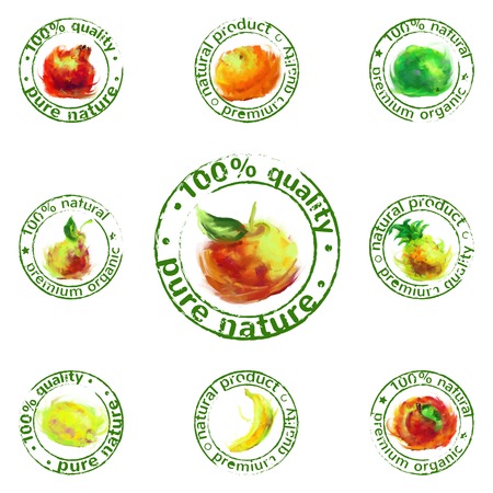 vector painted fruit icon set - labels of natural organic productsのイラスト素材