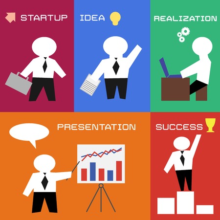 Vector flat graphics. The stages of development of a business project. For websites, print and presentation templates, infographics, web and mobile services and apps.のイラスト素材