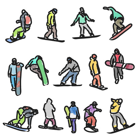 vector set of isolated colored silhouettes snowboardersのイラスト素材