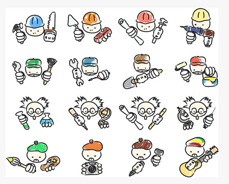 vector set of doodle professions icons - builders, repairers, scientists and creative peopleのイラスト素材