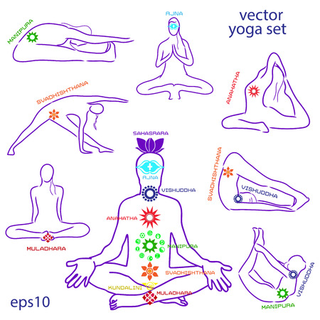 Influence of asanas for chakras. Vector setのイラスト素材