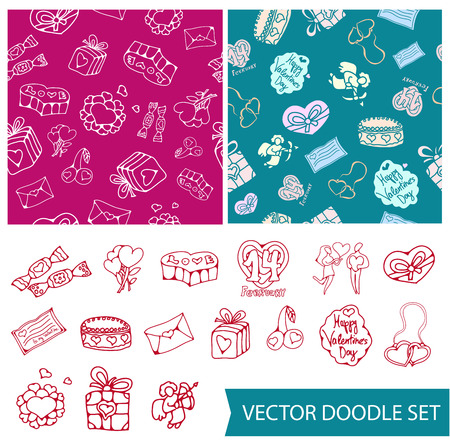 vector doodle icons set and seamless patterns for St. Valentines Dayのイラスト素材