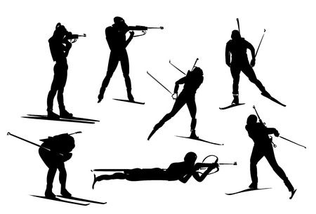 Isolated black set of biathlon silhouette. stock illustration for design on white backgroundのイラスト素材
