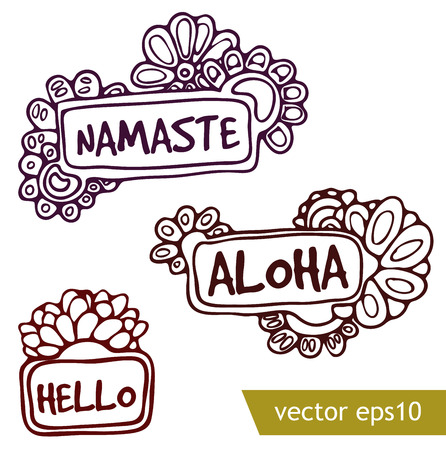 Vector isolated doodle greeting signs with flower patterns in multiple languages. Stock illustration for design on white backgroundのイラスト素材