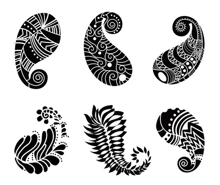 Vector abstract pattern of tattoo henna paisley. Stock mehndi set for design on white background - indian cucumbers.のイラスト素材