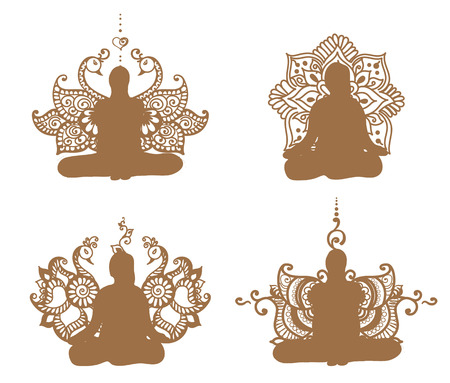 Meditation silhouette with lotus patterns in henna tattoo.のイラスト素材
