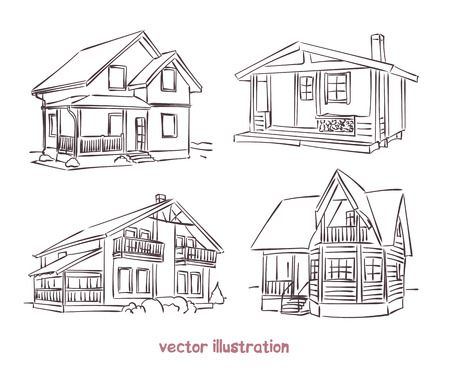 Sketch set of wooden house. Vector isolated illustration for design on white backgroundのイラスト素材