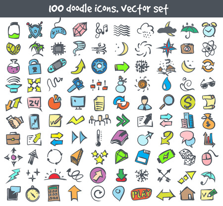Vector doodle icons set like search, arrows and moon. Stock cartoon signs for design.のイラスト素材