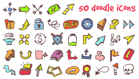 Vector doodle icons set such as arrows, flag and shield. Stock cartoon signs for design.のイラスト素材