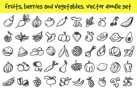 doodle fruits, berries and vegetables icons set. Stock cartoon signs for design.のイラスト素材