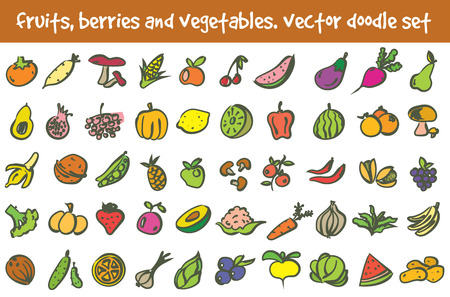doodle fruits, berries and vegetables icons set. Stock cartoon signs for design.のイラスト素材