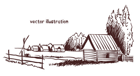contour sketch of rural landscape. Stock handwritten illustration for design.のイラスト素材