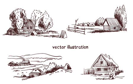 contour sketch of rural landscape. Stock handwritten illustration for design.のイラスト素材