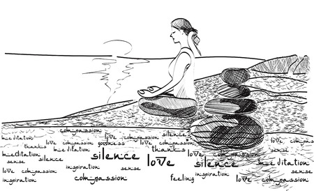 Woman meditating on the beach. Stock handwritten illustration for design.のイラスト素材