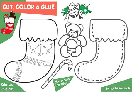 Education paper game for children - Christmas sock with bear. Use scissors and glue to create the image.のイラスト素材