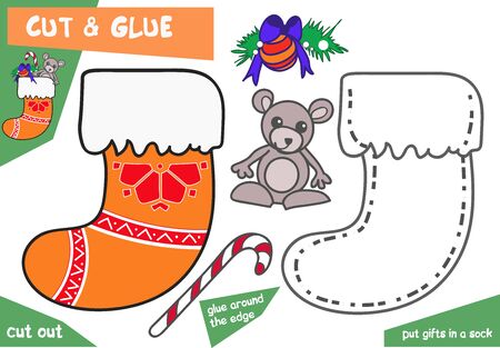 Education paper game for children - Christmas sock with mouse. Use scissors and glue to create the image.