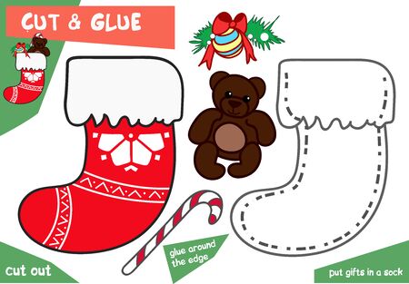 Education paper game for children - Christmas sock with bear. Use scissors and glue to create the image.のイラスト素材