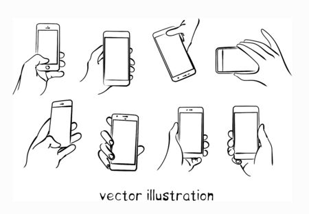 Sketch of hand with touch phone. Vector isolated illustration for design on white backgroundのイラスト素材