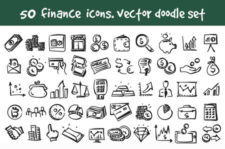 Vector doodle finance icons set. Stock cartoon signs for web design.のイラスト素材