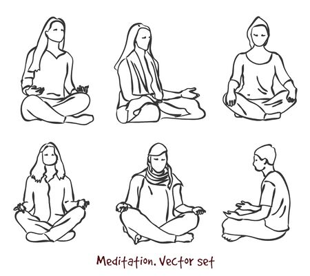 Vector set of meditating people . Stock handwritten illustration for design.のイラスト素材