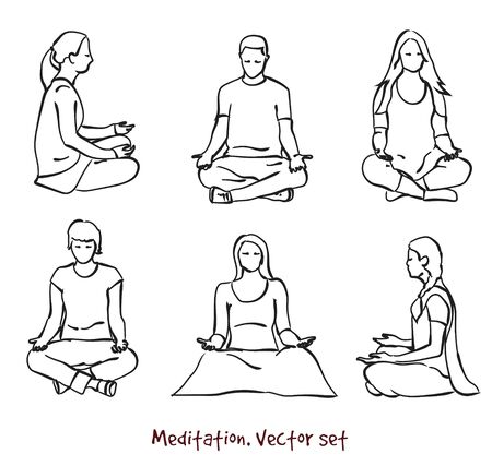 Vector set of meditating people . Stock handwritten illustration for design.のイラスト素材