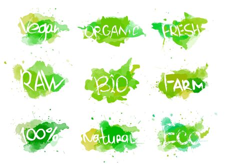 Vector doodle eco icons set for package design. Isolated illustration on white backgroundのイラスト素材
