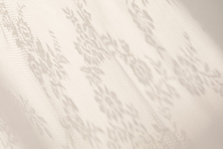 Sunlight on the wall with shadows from the white lace curtain. Spring and summer texture backgroundの写真素材
