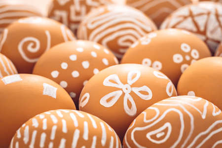 Close-up of Easter eggs. Simple eco-frendly texture backgroundの写真素材