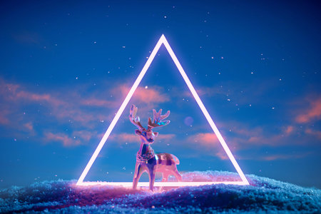 Christmas deer in a neon glowing purple portal on an evening blue sky background