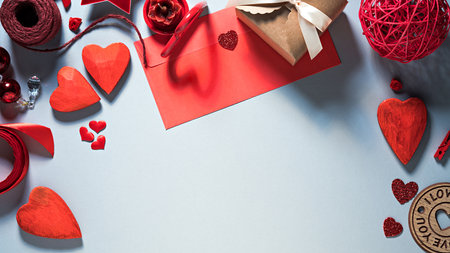 Valentines Day flat lay template in red and cold gray colors with copy spaceの写真素材