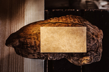 Blank kraft paper business card on old piece of woodの写真素材