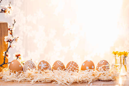 Easter eggs in the morning sunlight. Rural sceneの写真素材