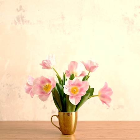 Summer vibes and mood image of bouquet of pink tulips in golden cup on tableの写真素材