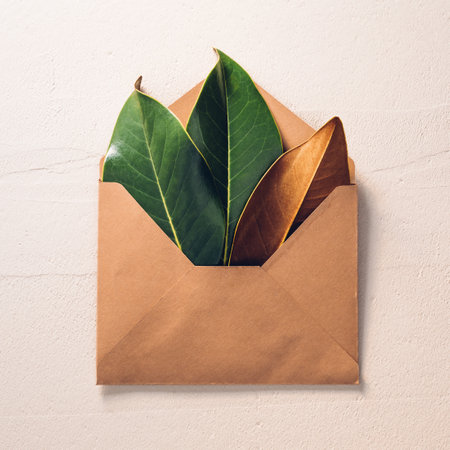 Magnolia leaves in a kraft paper envelope. Autumn backgroundの写真素材