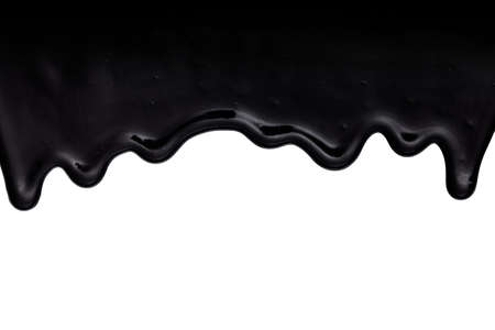 Black oil-like, tar-like or resin-like liquid dripping down. Isolated on white backgroundの写真素材
