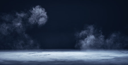 Gray textured concrete platform, podium or table with smoke in the darkの写真素材