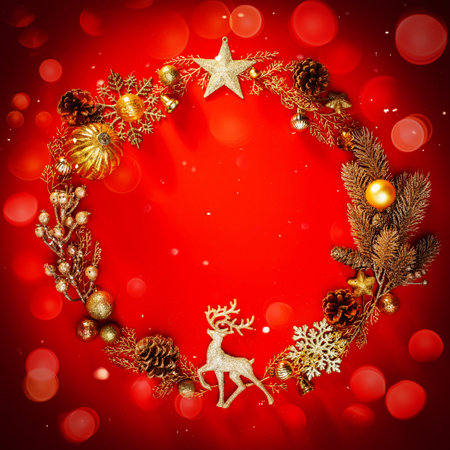 Golden Christmas decorations on a bright red backgroundの写真素材