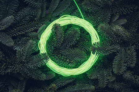 Neon string light wreath frame on Christmas tree branches texture backgroundの写真素材