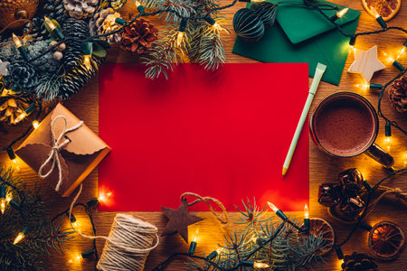 Blank paper Christmas letter to or from Santa surrounded by Christmas decorations with hot chocolateの写真素材
