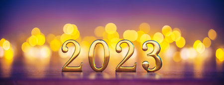 Happy New Year 2023 - golden numbers in holiday nightの写真素材