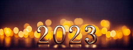 Happy New Year 2023 - golden numbers in holiday nightの写真素材