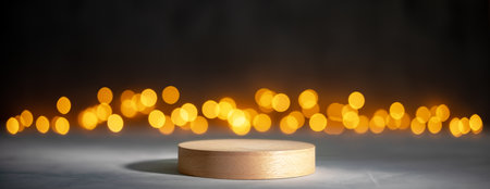 Cylinder wooden podium with Christmas bokeh lightsの写真素材
