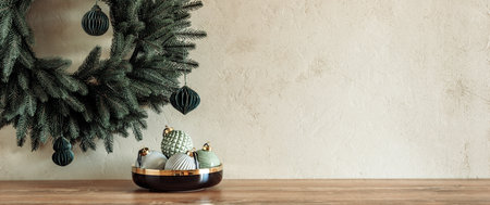 Minimal composition with pastel colored baubles in bowl on table with Christmas wreath on textured stone wallの写真素材